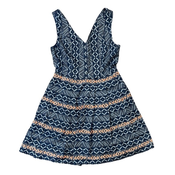 Skies Are Blue Navy Coral Aztec Print Mini Dress Lined V-Neck Back Zip Small EUC - Picture 1 of 14